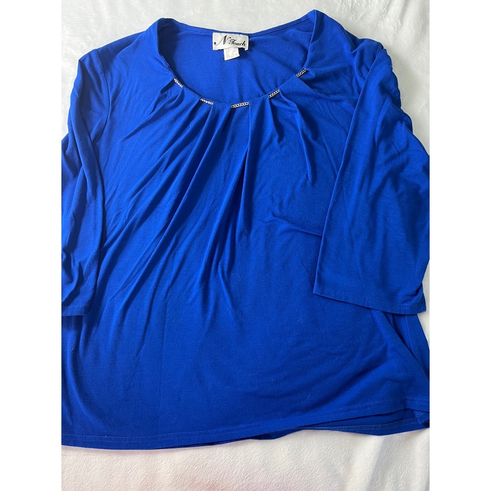 N Touch Royal Blue 3/4 Sleeve Pleated Chain Neck Knit Top Blouse XL 4047